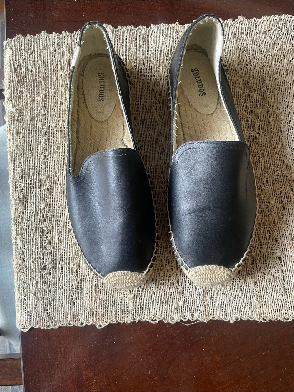 Soludos Black Leather Women's Espadrilles with Natural Jute Trim